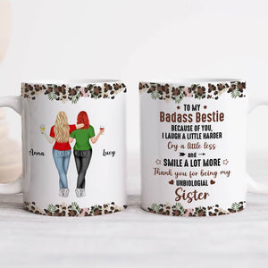 Personalized best friend mug featuring two women with custom names and a heartfelt message