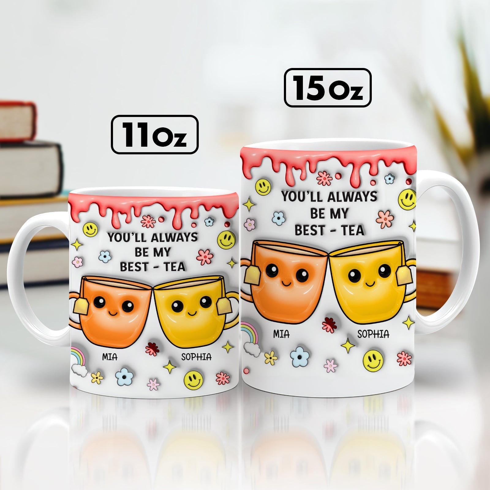 Personalized best friend mug featuring cheerful designs and custom names for a thoughtful gift