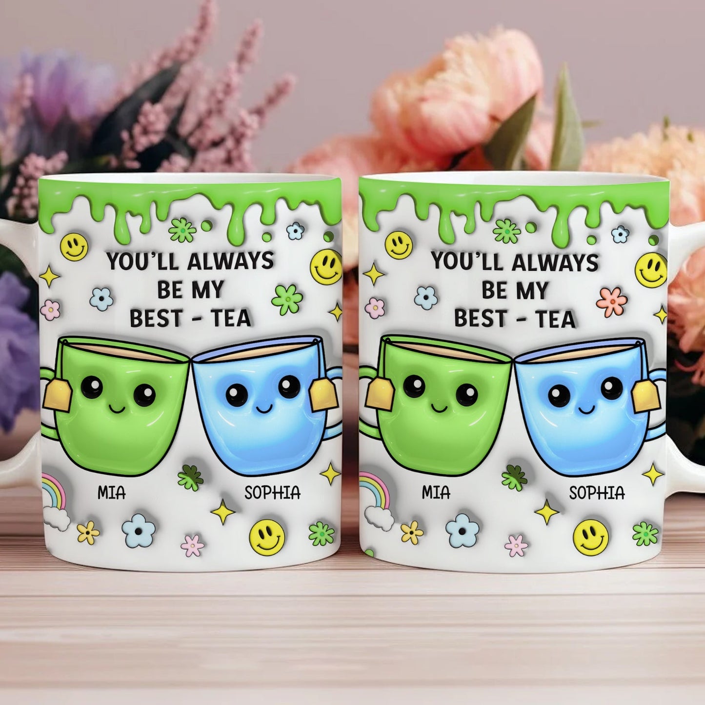 Personalized best friend mug featuring cute design with smiling cups and playful text for friendship gifts