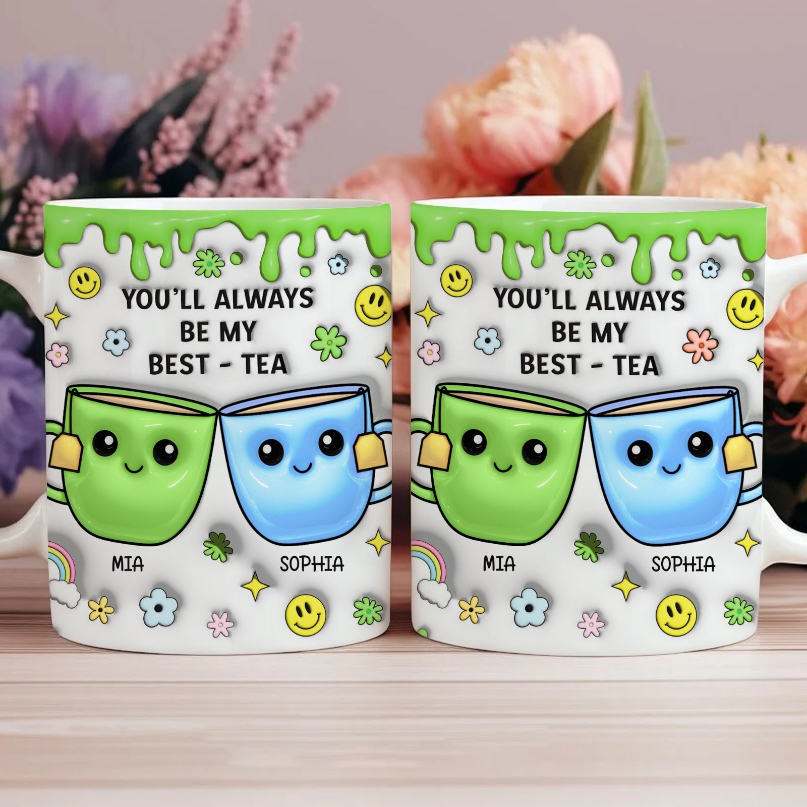 Personalized best friend mug featuring cute design with smiling cups and playful text for friendship gifts