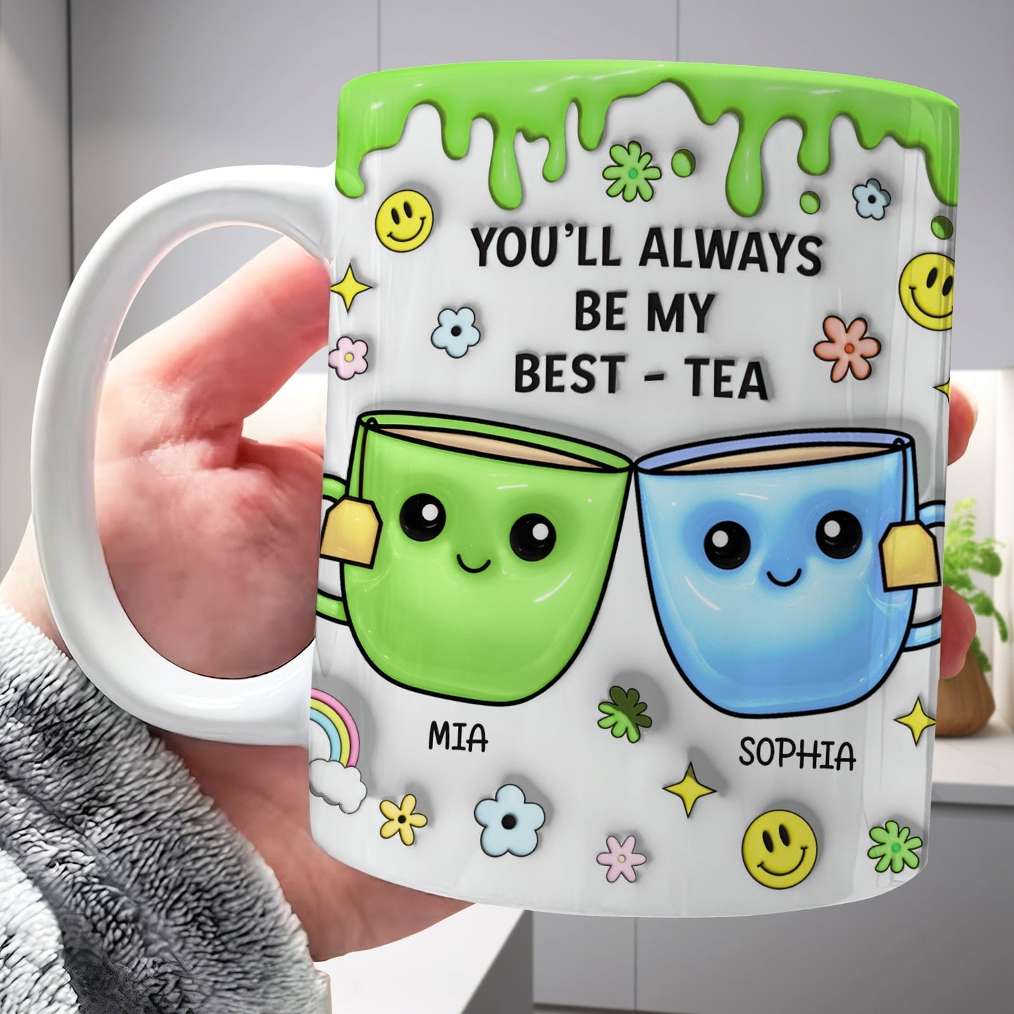 Personalized best friend mug featuring colorful cartoon cups and the text You'll Always Be My Best Tea
