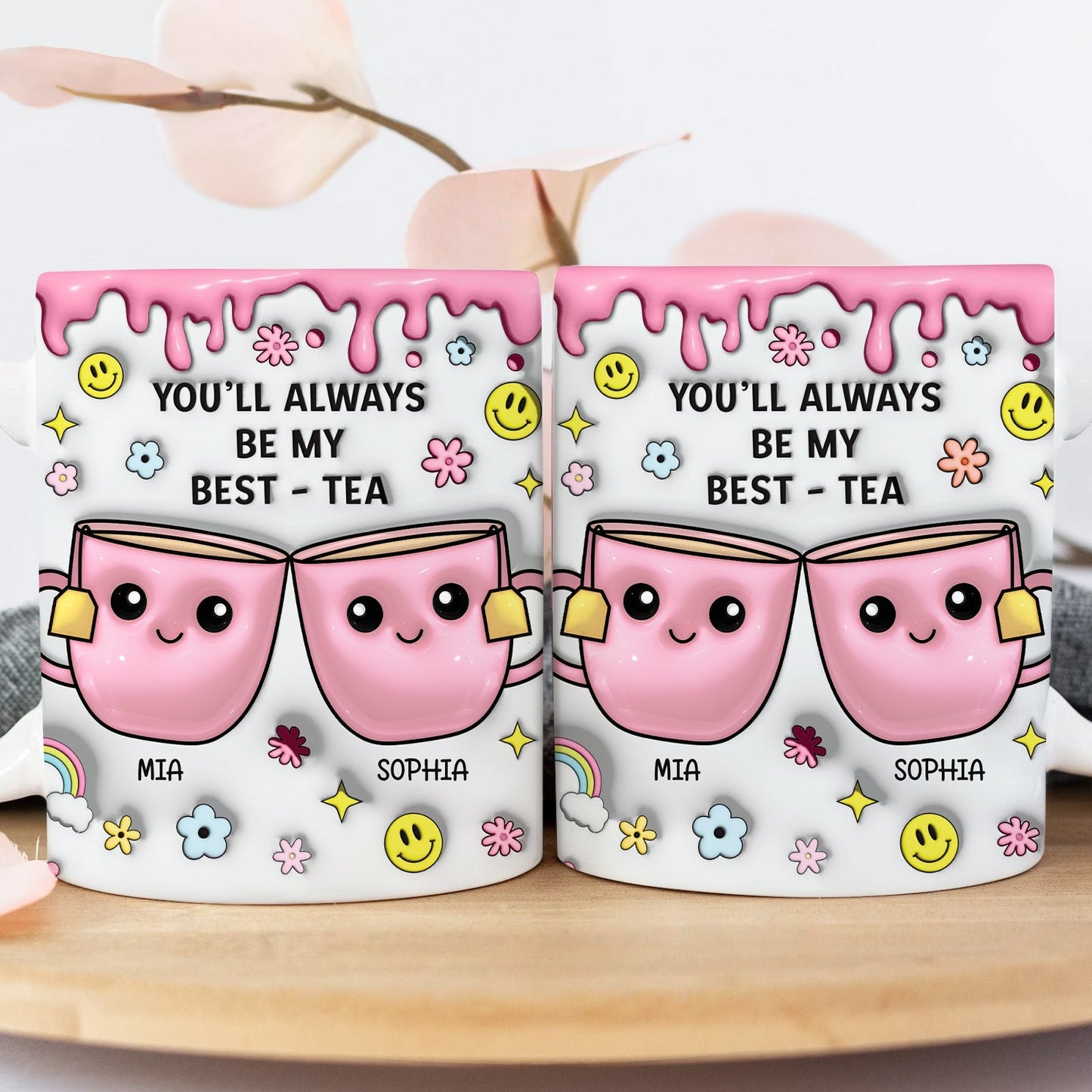 Personalized best friend mug featuring cute pink cups with tea and customizable names Mia and Sophia