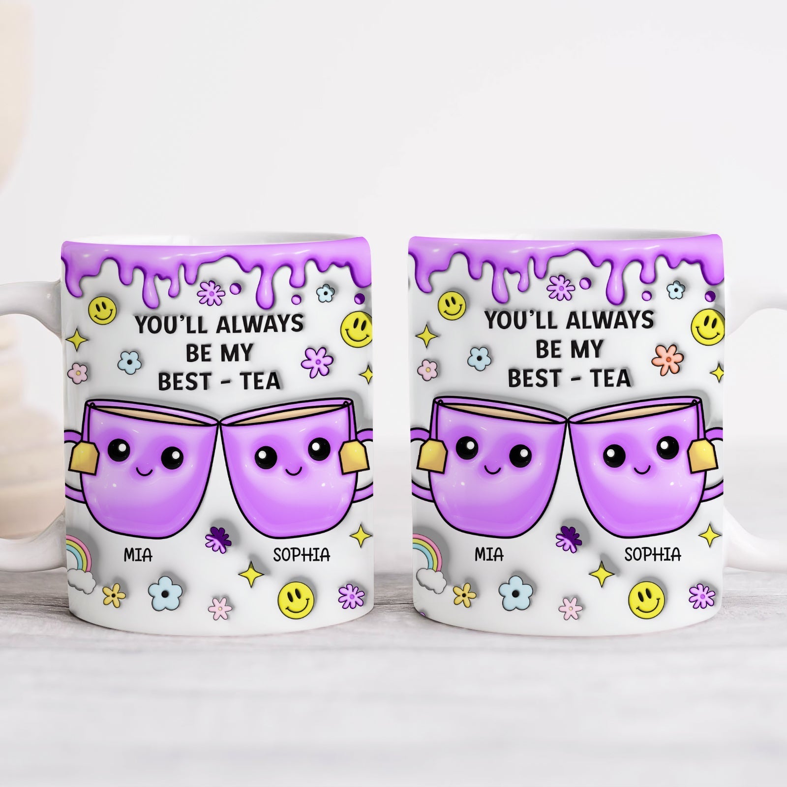 Personalized best friend mug with cute tea cups and colorful designs for best friends