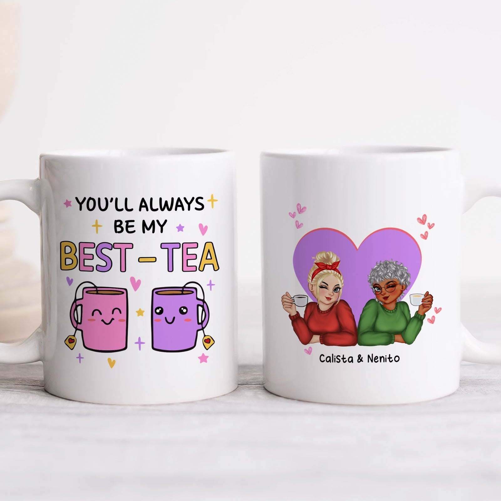Personalized best friend mug featuring colorful graphics and names for a unique gifting option