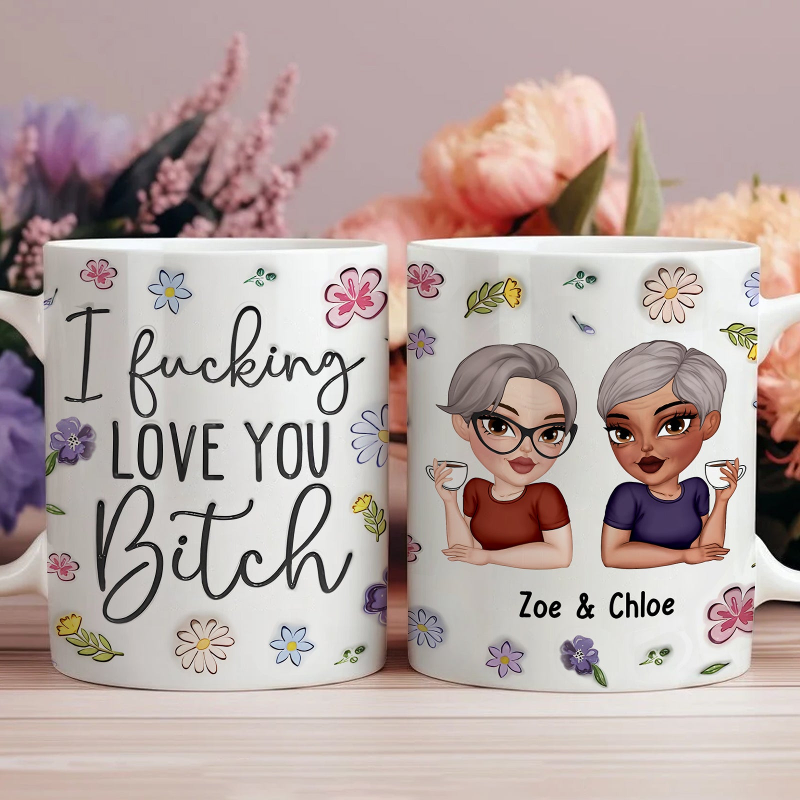 Personalized best friend mug featuring a fun design with flowers and custom names Zoe and Chloe