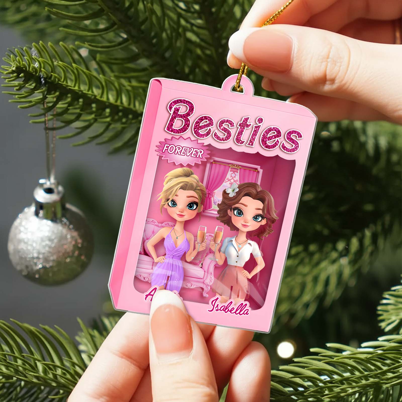 Personalized best friend ornament featuring two animated characters with the text Besties Forever