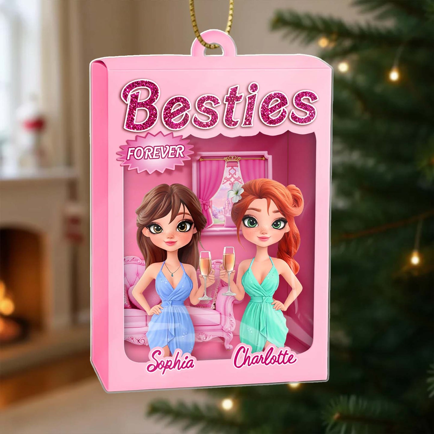 Personalized best friend ornament featuring two animated girls celebrating friendship in stylish outfits
