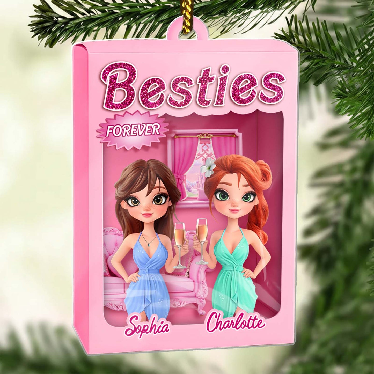 Personalized best friend ornament featuring two cartoon friends in elegant gowns celebrating together