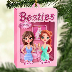Personalized best friend ornament featuring two cartoon friends in elegant gowns celebrating together