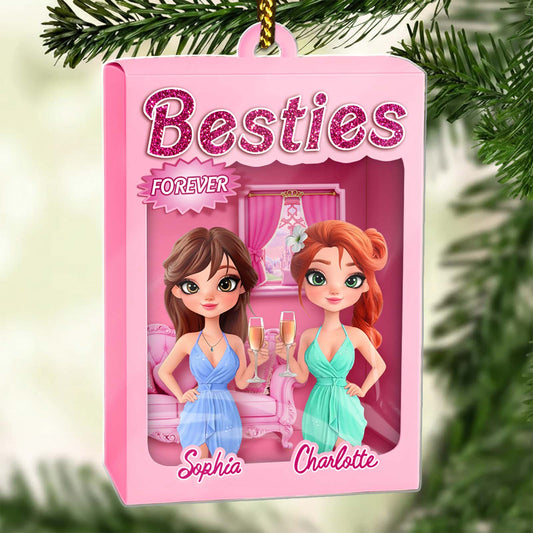 Personalized best friend ornament featuring two cartoon friends in elegant gowns celebrating together