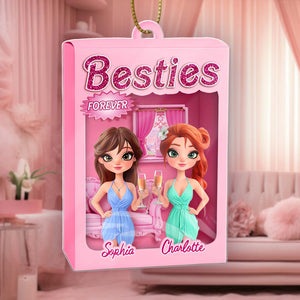 Personalized best friend ornament featuring two cute cartoon characters enjoying drinks together
