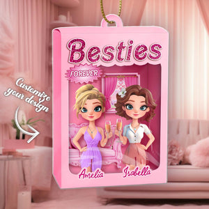 Personalized best friend ornament featuring two stylish characters celebrating friendship in a pink packaging