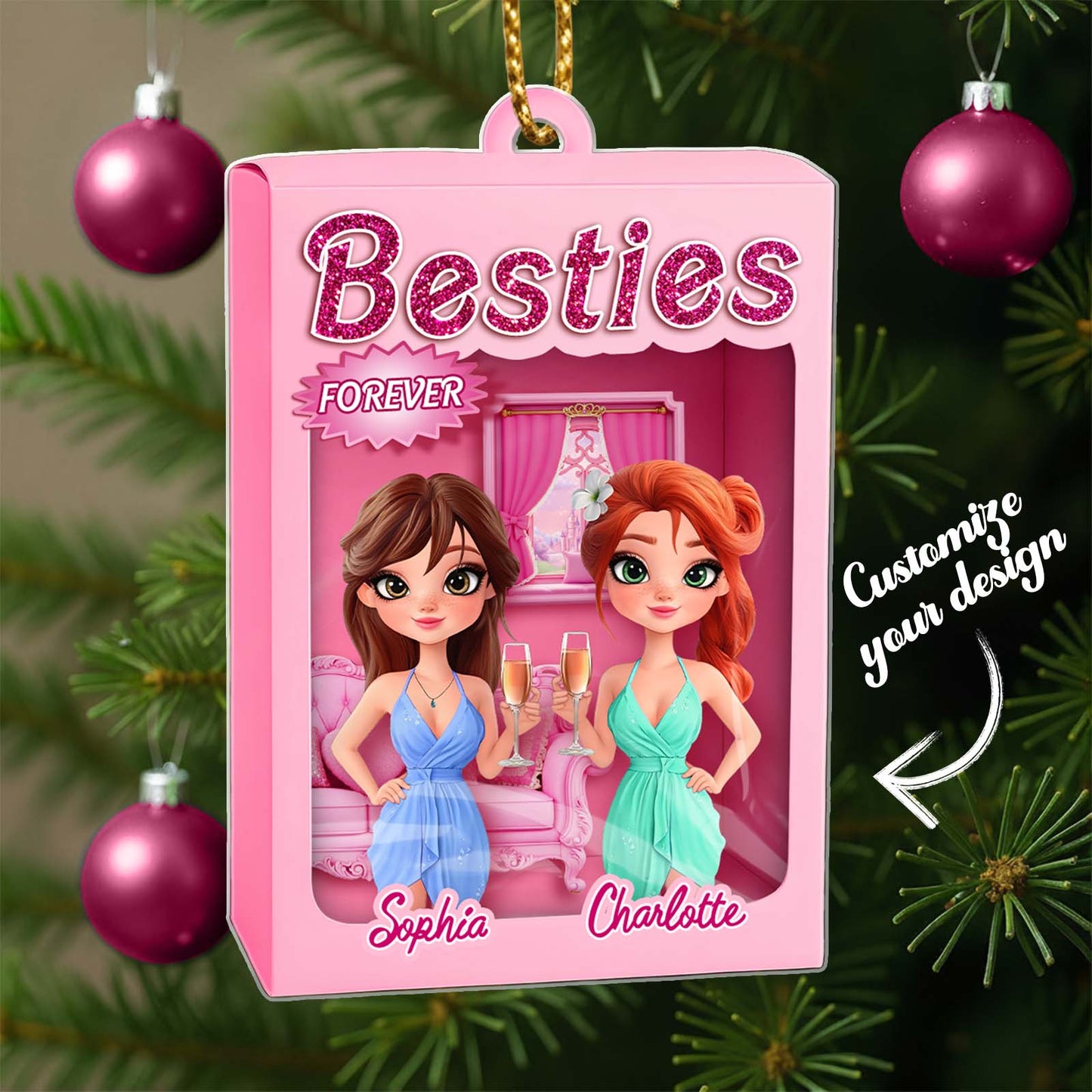 Personalized best friend ornament featuring two cartoon characters with customizable names and design