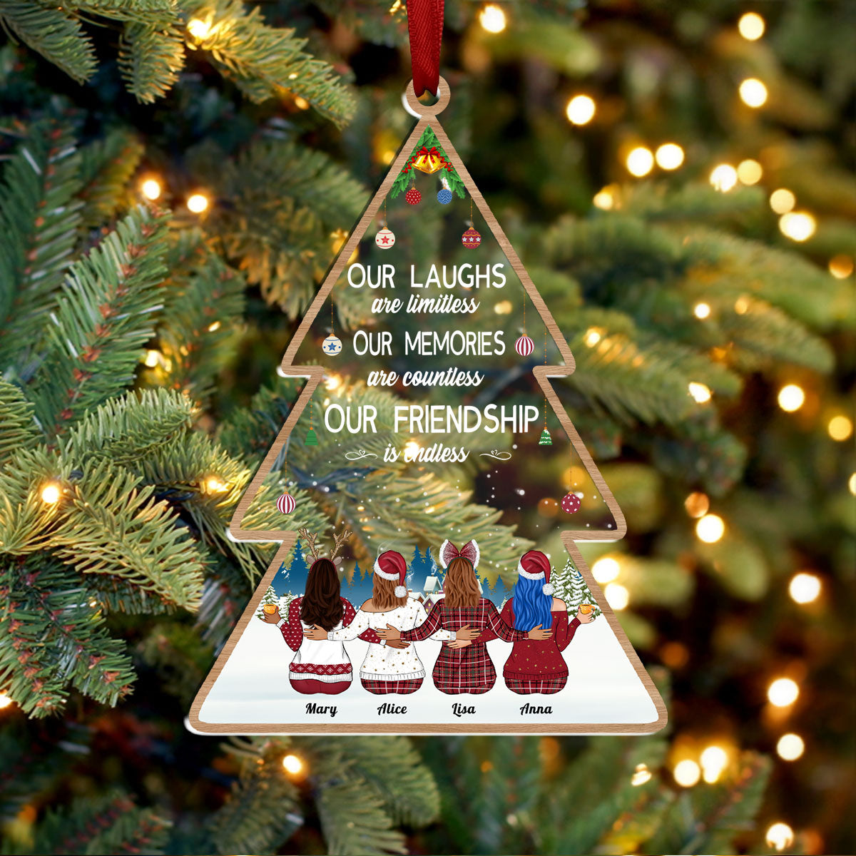 Personalized best friend ornament shaped like a Christmas tree with custom names and friendship quote hanging on a decorated tree
