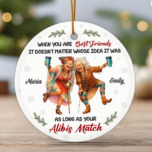 Personalized best friend ornament featuring two women laughing together with a playful message
