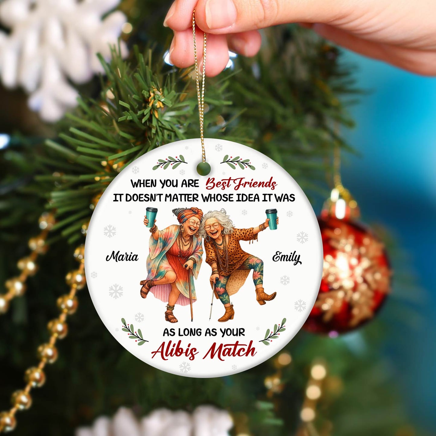 Personalized best friend ornament featuring two women celebrating with drinks and a fun quote