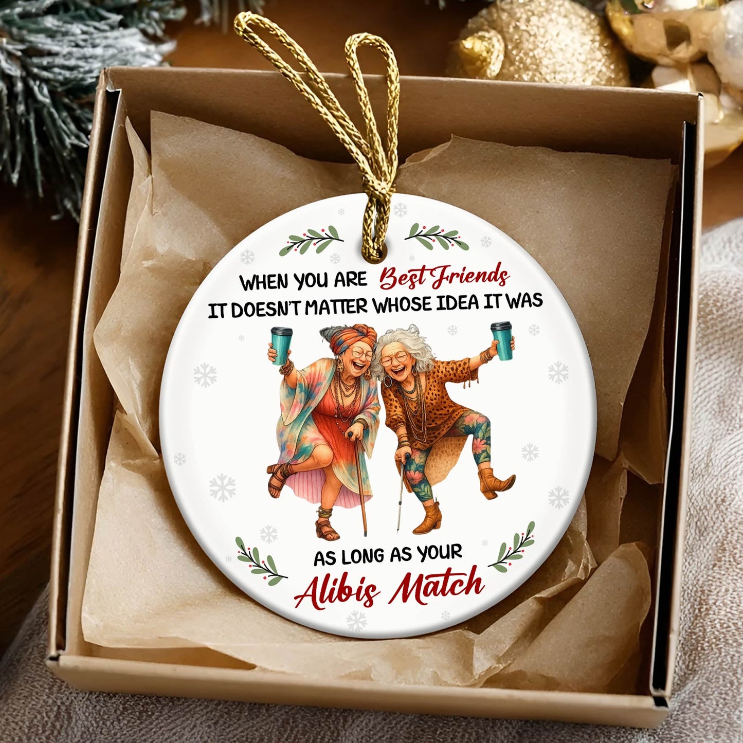 Personalized best friend ornament featuring two cheerful women and a heartfelt friendship quote