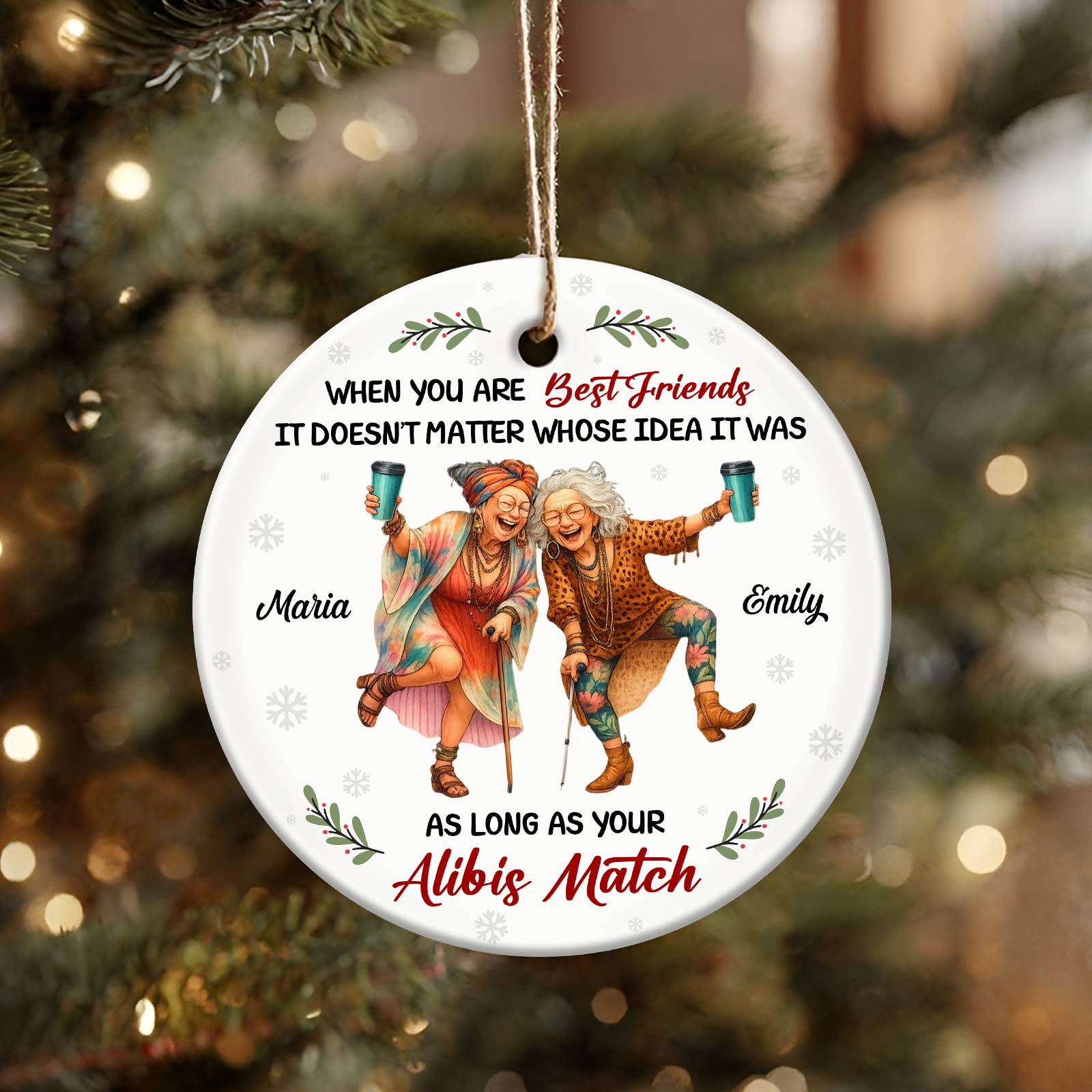 Personalized best friend ornament featuring two women celebrating friendship with custom names Maria and Emily