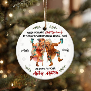 Personalized best friend ornament featuring two women celebrating friendship with custom names Maria and Emily