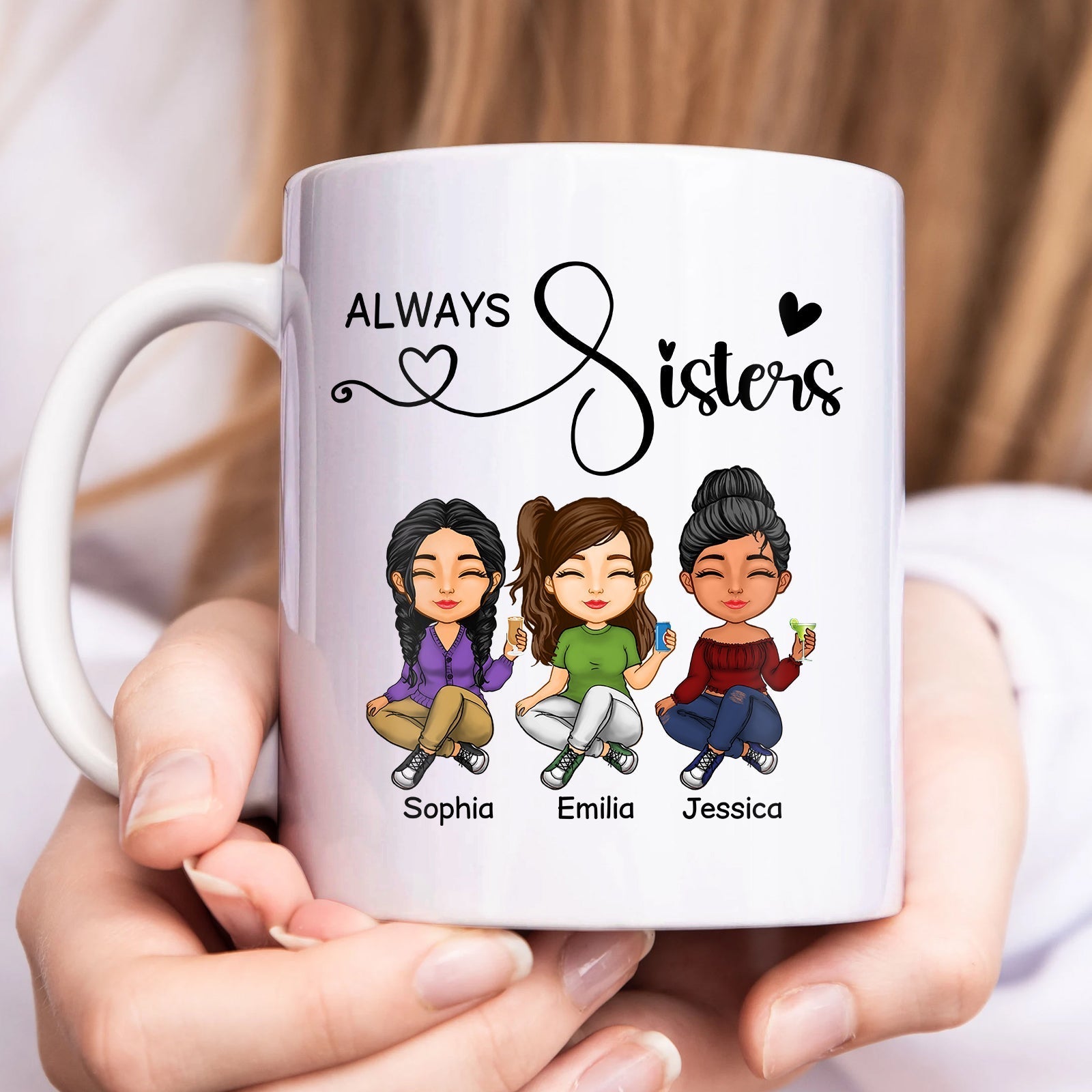 Personalized best friends mug featuring three cartoon girls with names Sophia, Emilia, and Jessica