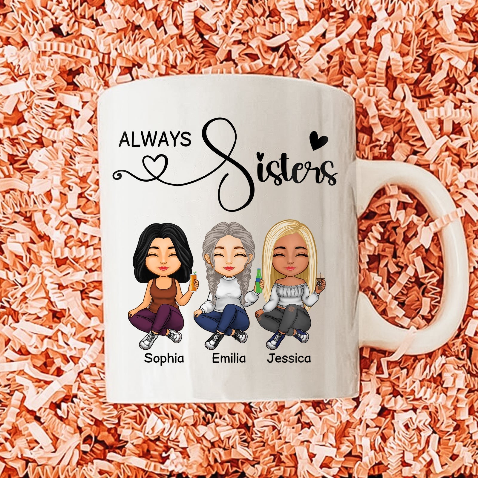 Personalized best friends mug featuring cartoon characters with the text Always Sisters