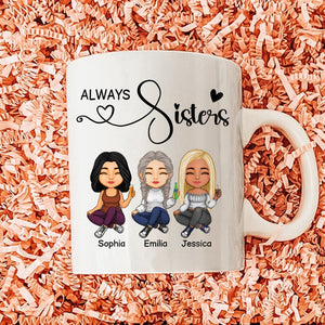 Personalized best friends mug featuring cartoon characters with the text Always Sisters