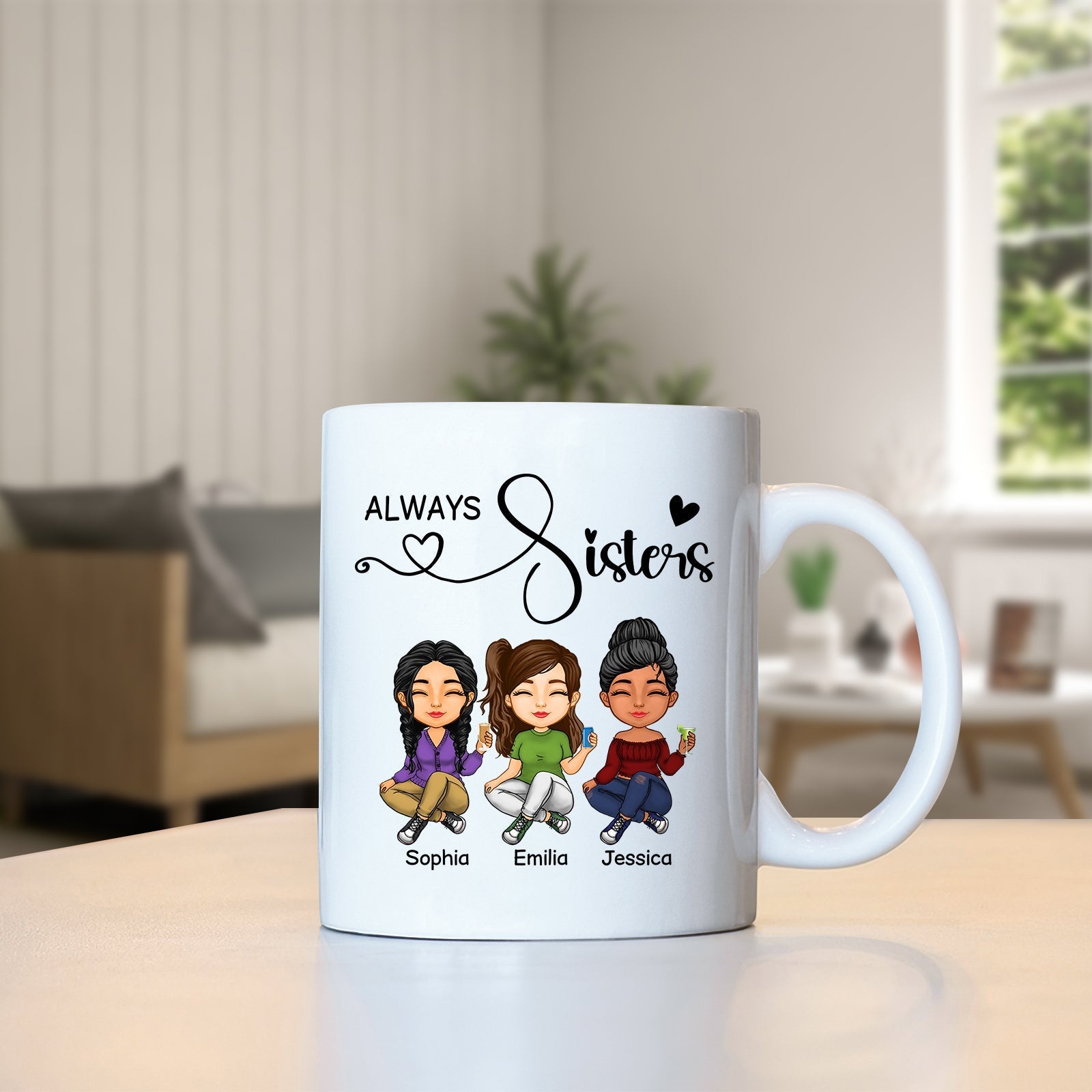 Personalized best friends mug featuring three cartoon characters with the text Always Sisters