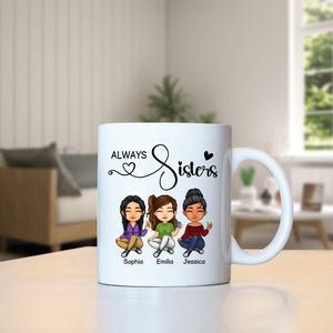 Personalized best friends mug featuring three cartoon characters with the text Always Sisters