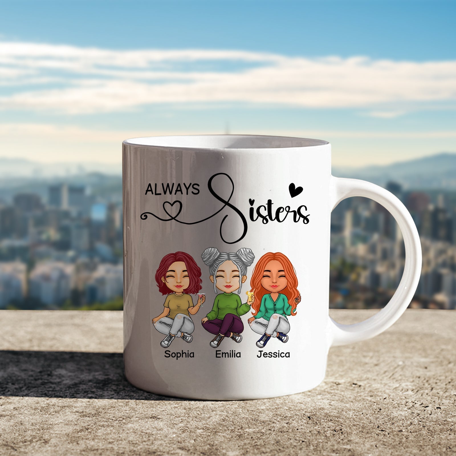 Personalized best friends mug featuring three illustrated friends with the text Always Sisters