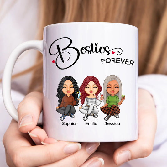 Personalized best friends mug featuring cartoon illustrations of three friends with names and 'Besties Forever' text