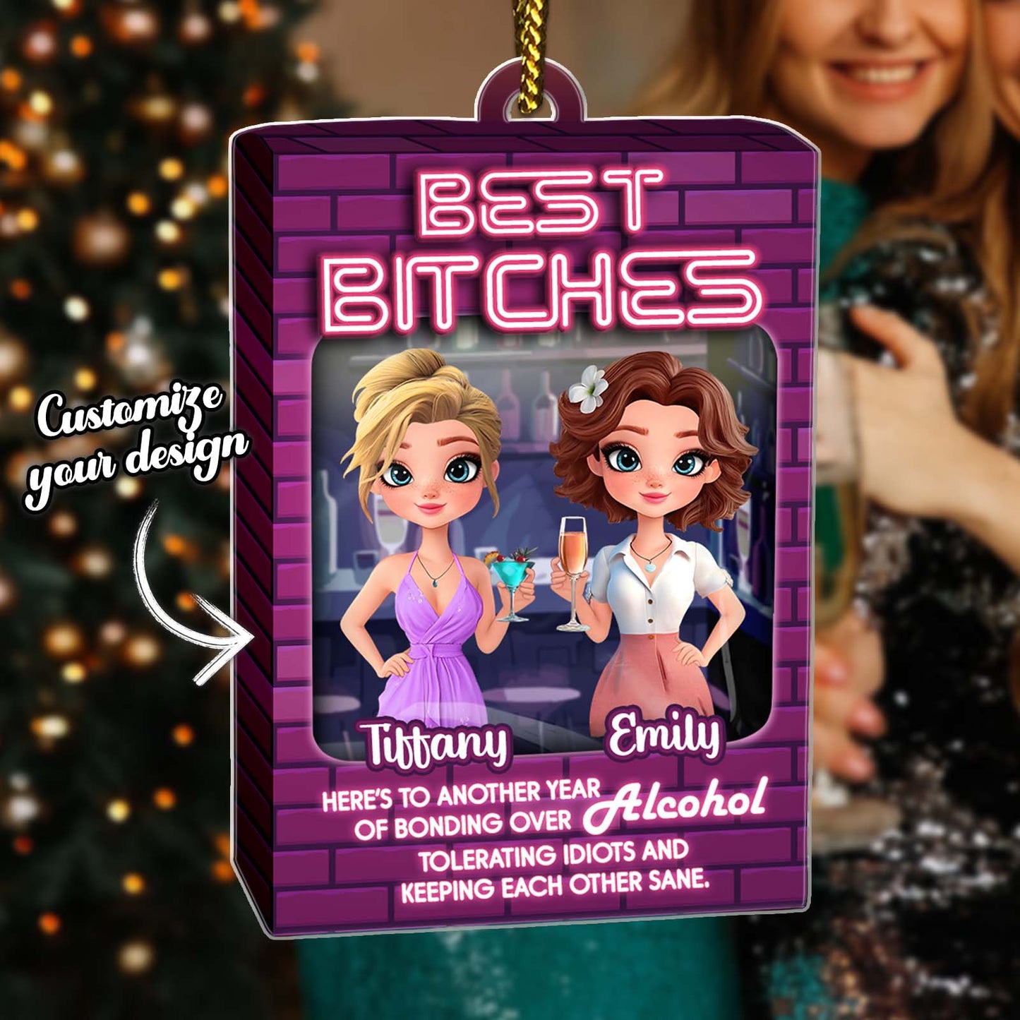 Personalized best friends ornament featuring two animated women celebrating friendship with customizable design