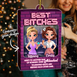 Personalized best friends ornament featuring two animated women celebrating friendship with customizable design