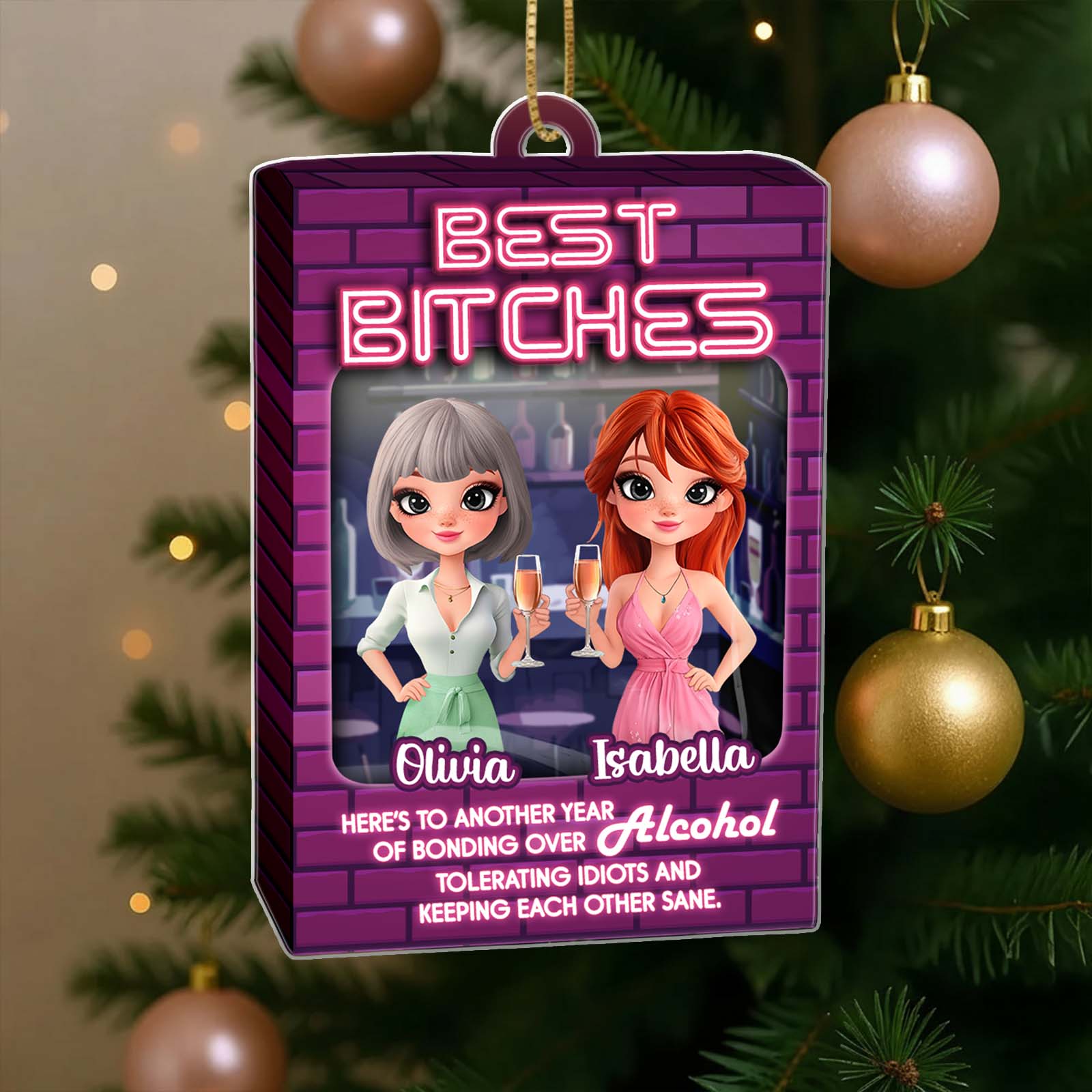 Personalized best friends ornament featuring two cartoon friends celebrating with drinks in festive attire