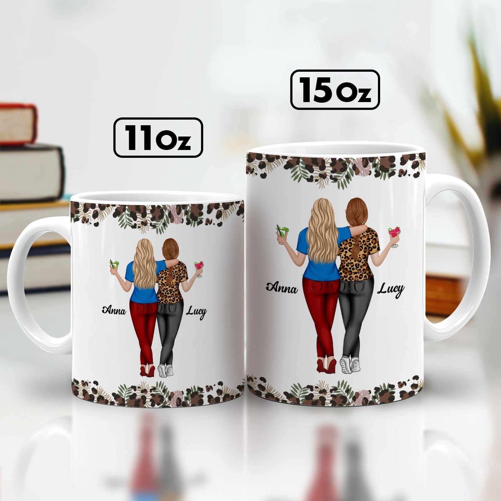 Personalized best mom mug featuring two women with names Anna and Lucy holding drinks, available in 11 oz and 15 oz sizes