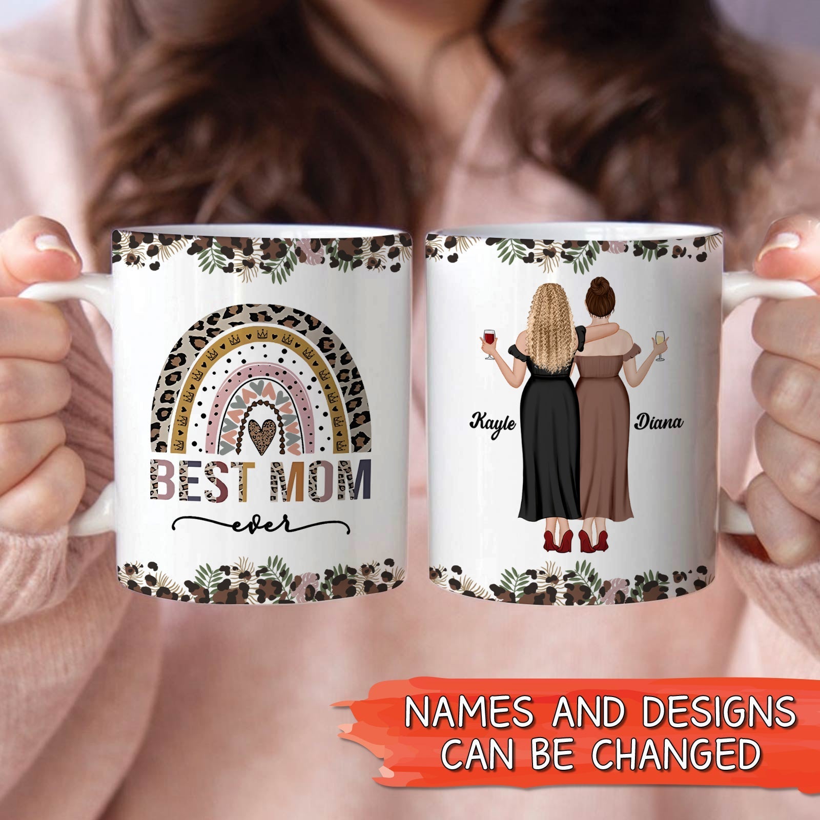 Personalized best mom mug featuring two women and customizable names and designs for a special gift