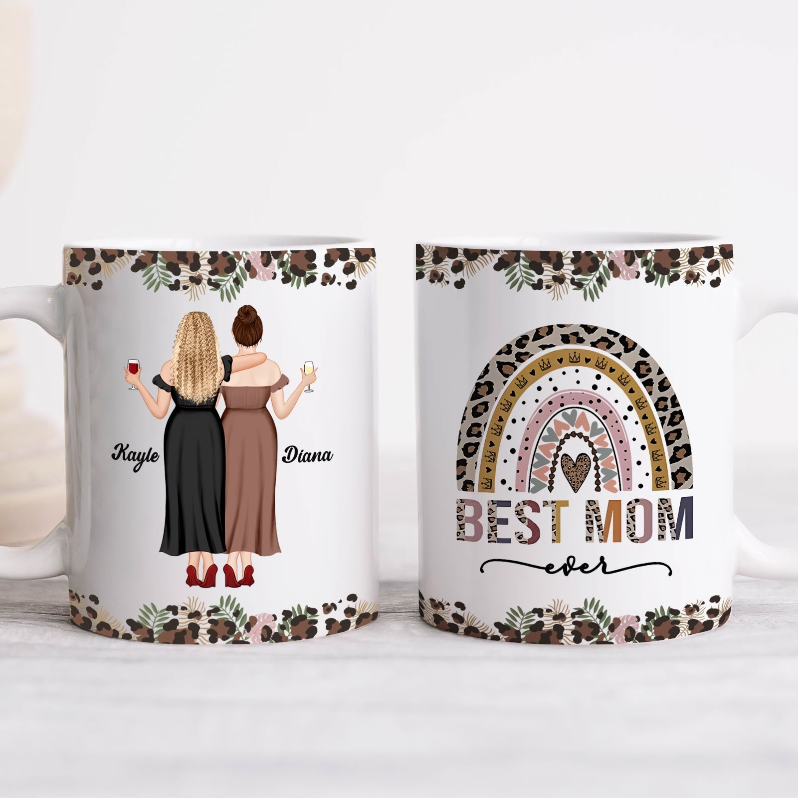 Personalized best mom mug featuring floral design and customizable names Kayle and Diana on each side