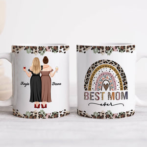 Personalized best mom mug featuring floral design and customizable names Kayle and Diana on each side