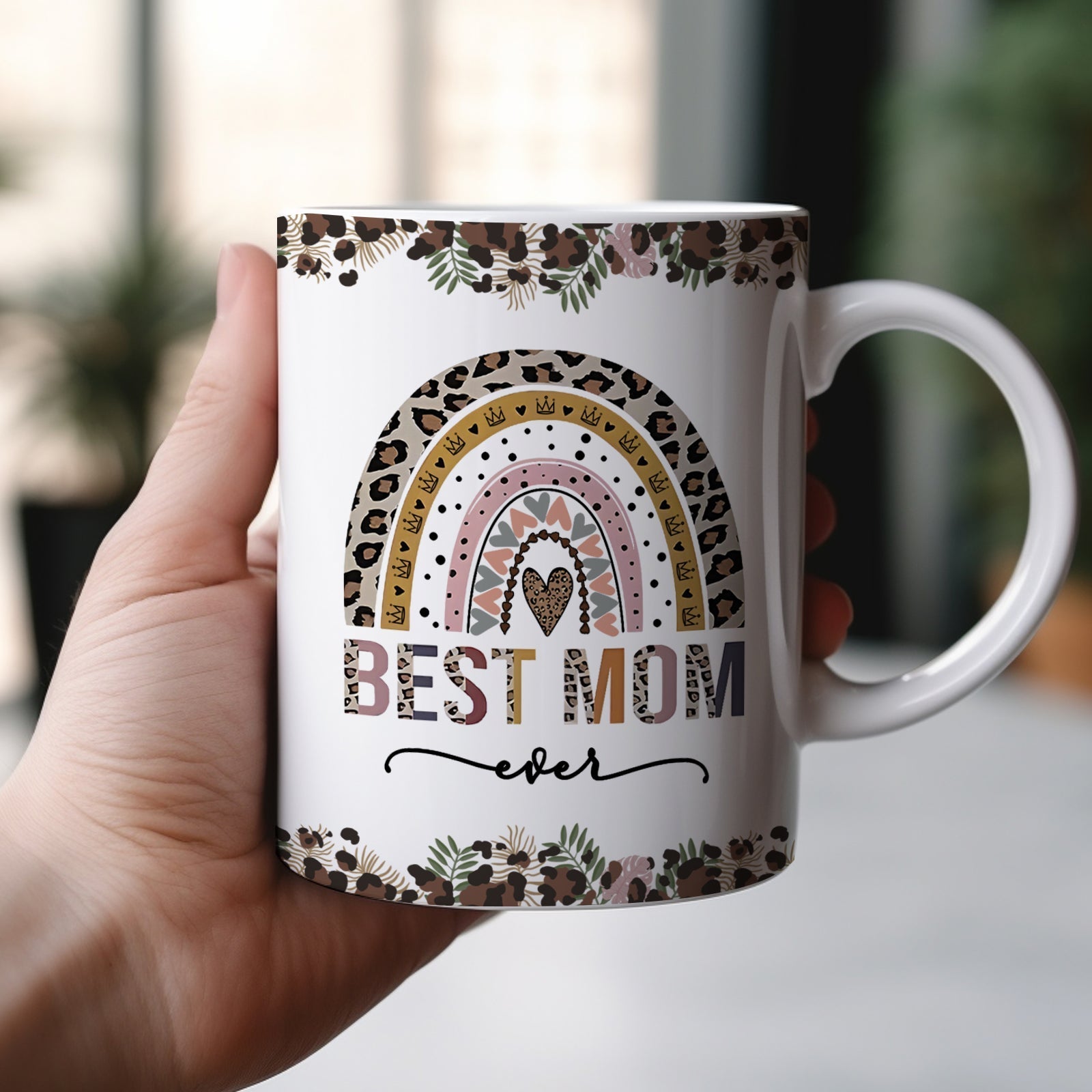 Personalized best mom mug with colorful rainbow design and floral accents, perfect for gifting