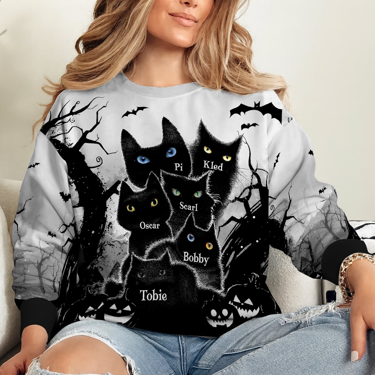Personalized black cat Halloween shirt featuring a spooky tree and multiple black cats design