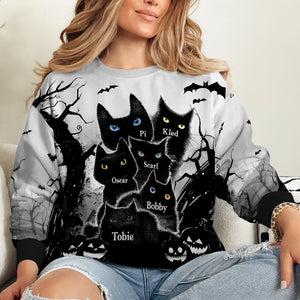 Personalized black cat Halloween shirt featuring a spooky tree and multiple black cats design