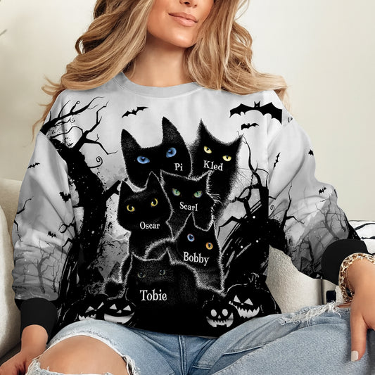 Personalized black cat Halloween shirt featuring a spooky tree and multiple black cats design