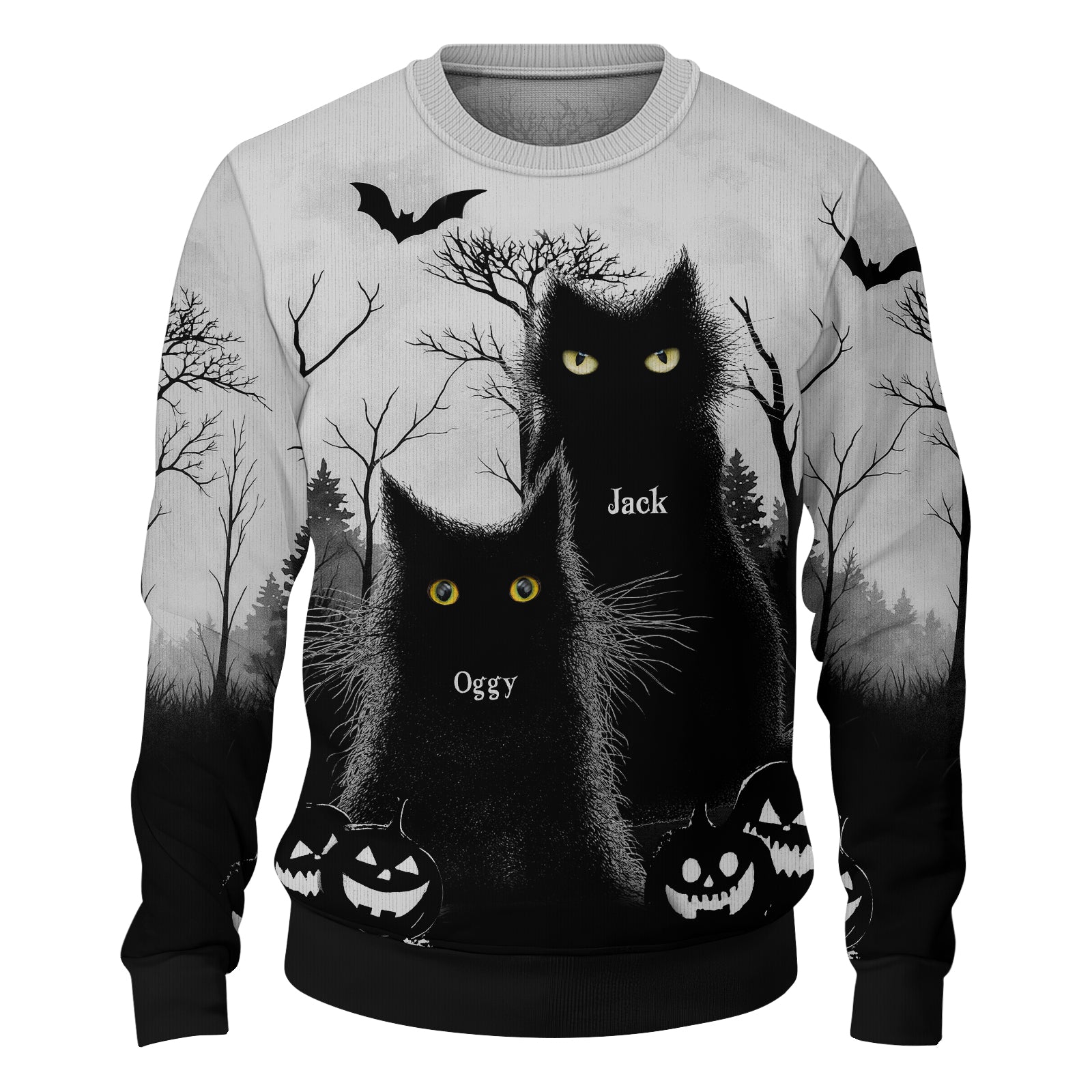 Personalized black cat Halloween shirt featuring two spooky cats against a haunted backdrop