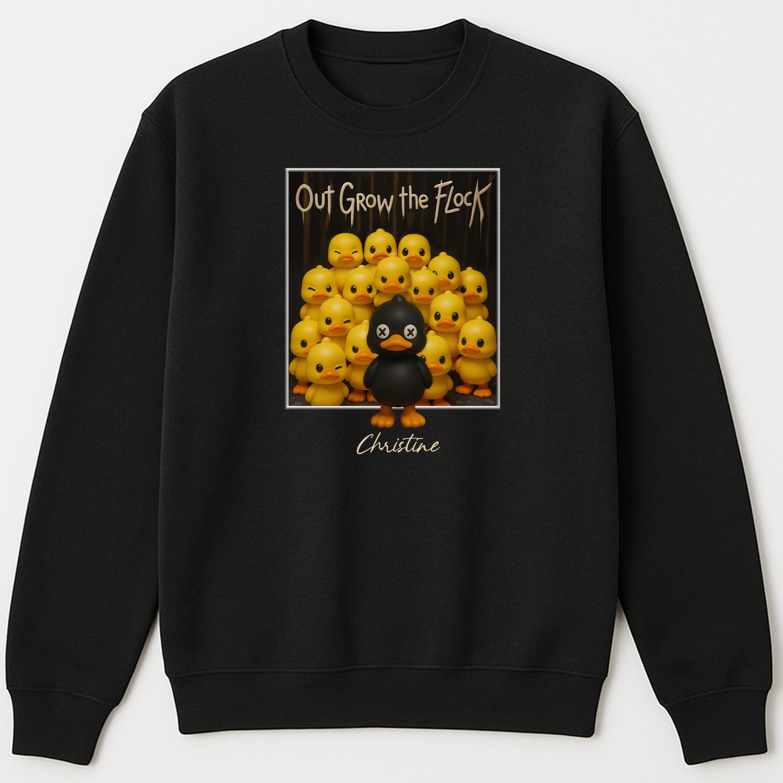 Personalized black duck shirt with custom name and cartoon ducks graphic on black sweatshirt