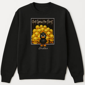 Personalized black duck shirt with custom name and cartoon ducks graphic on black sweatshirt