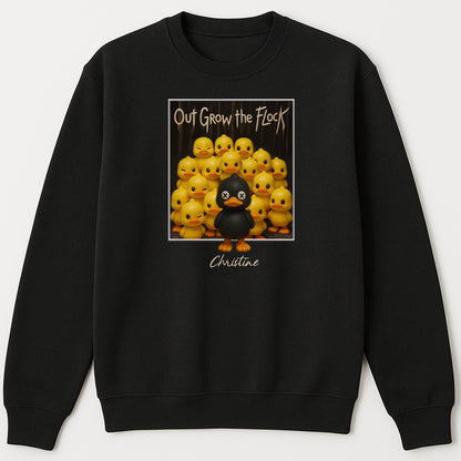 Personalized black duck shirt with custom name and cartoon ducks graphic on black sweatshirt