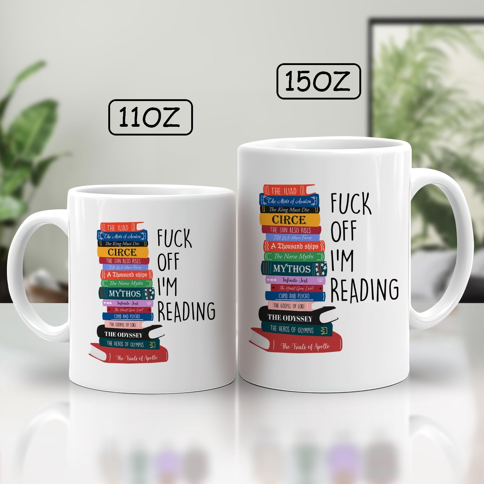 Personalized book lover mug with colorful book stack and humorous text for reading enthusiasts