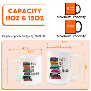 Personalized book lover mug with colorful stacked books graphic and reading message, available in 11 oz and 15 oz sizes