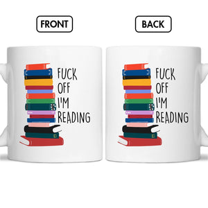 Personalized book lover mug featuring colorful stacked books with a fun reading quote on both sides