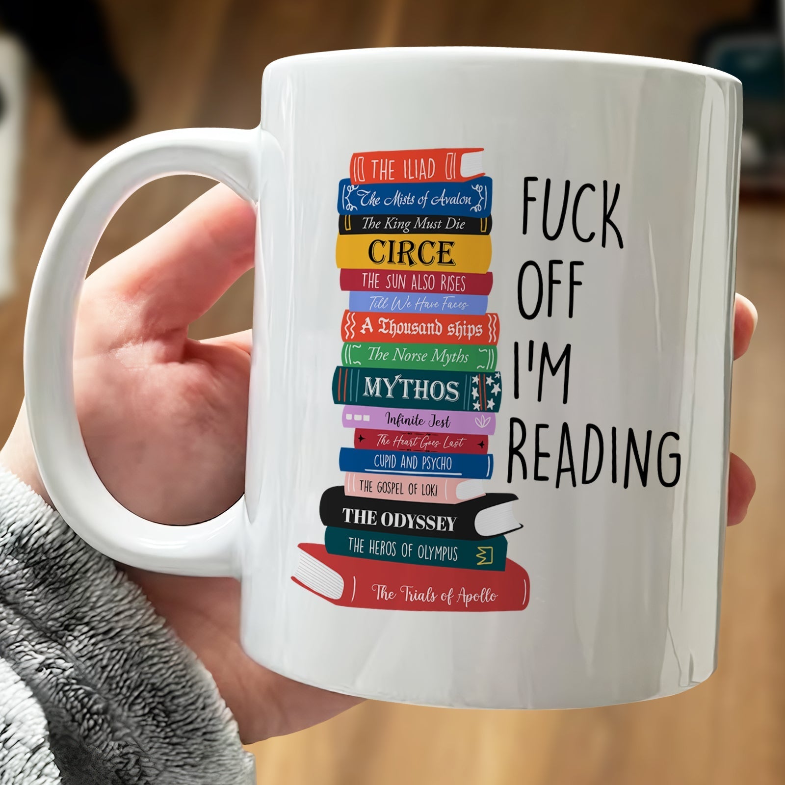 Personalized book lover mug featuring colorful stack of books with humorous quote for avid readers