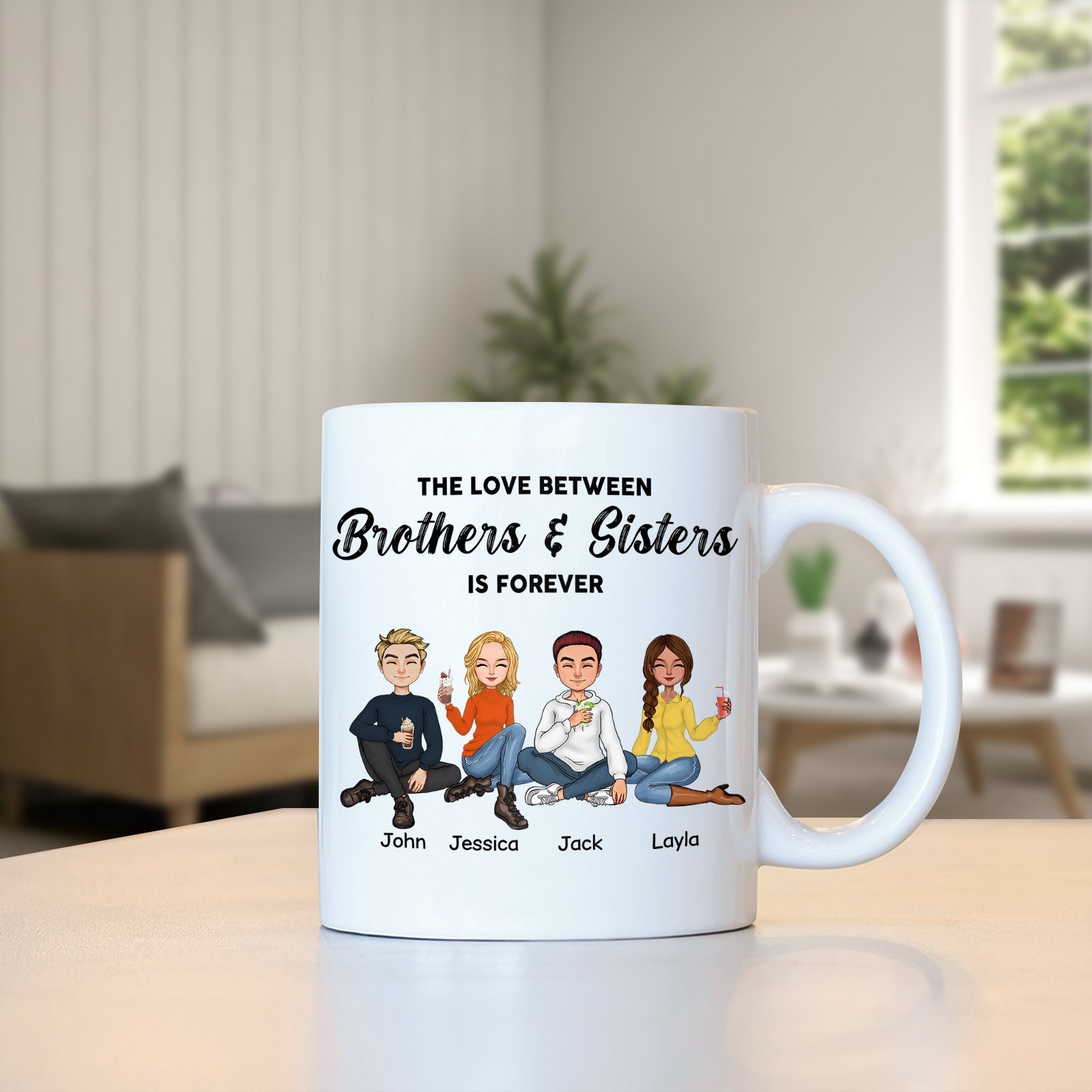 Personalized brothers and sisters mug featuring cartoon characters with names John, Jessica, Jack, and Layla